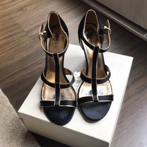 Coach Black Satin & Gold Leather Wedges